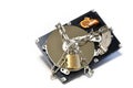 Open hard drive secured with an iron chain and padlock. Cyber security concept. Royalty Free Stock Photo